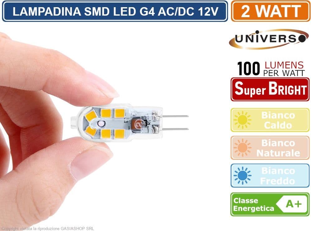 CONFEZIONE 10 PEZZI UNIVERSO G4-05 LAMPADINA LED G4 2W BULB CHIP SMD 300° 200 LUMEN AC/DC 12V - 3