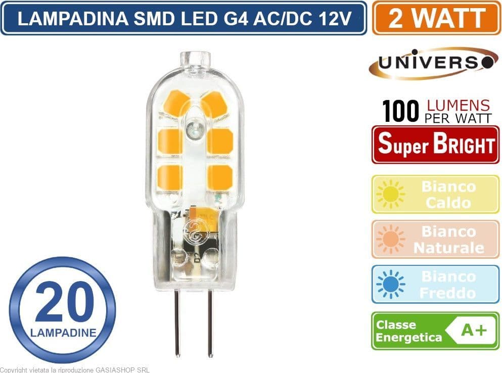 CONFEZIONE 20 PEZZI UNIVERSO G4-05 LAMPADINA LED G4 2W BULB CHIP SMD 300° 200 LUMEN AC/DC 12V - 4