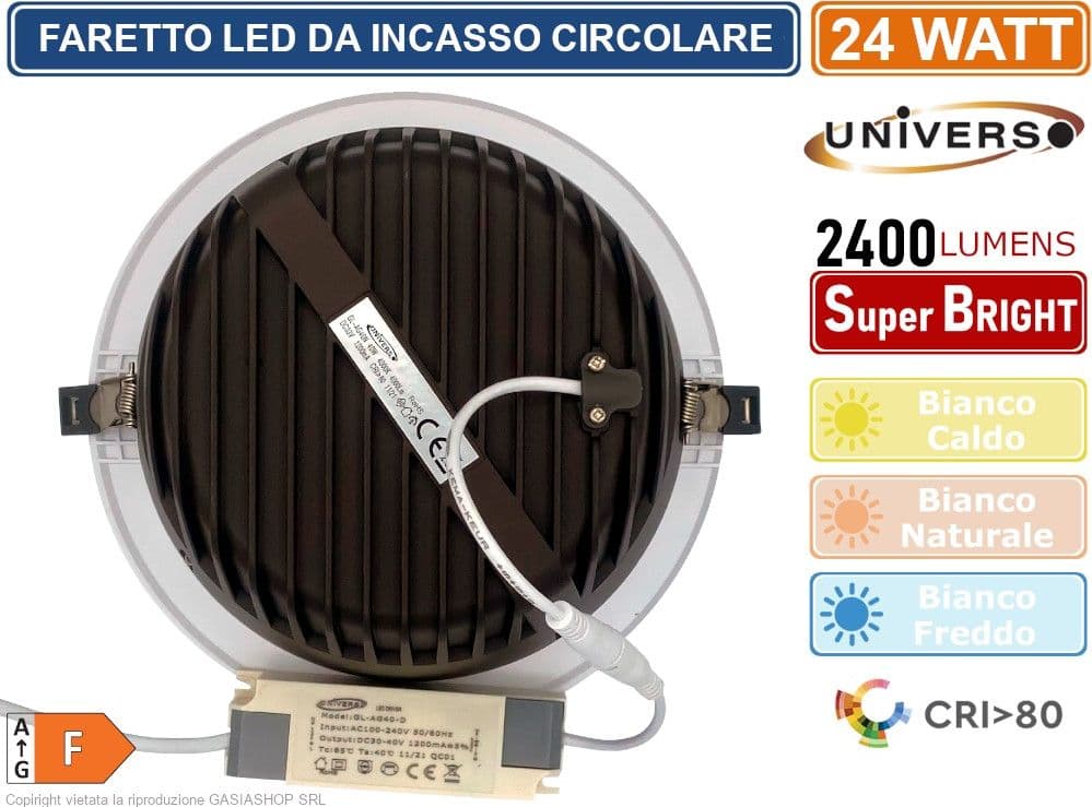 UNIVERSO FARETTO SMD LED DA INCASSO ROTONDO 24W 2400 LUMEN 4000K - 6500K - 3