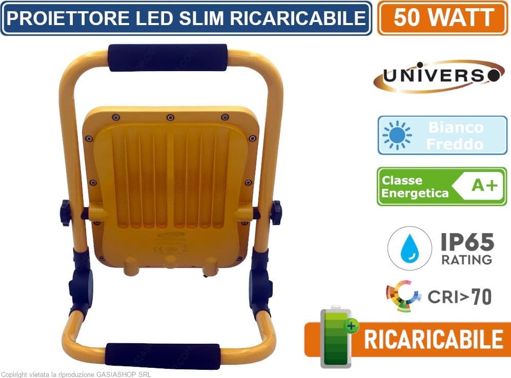 UNIVERSO FARO LED SLIM SMD 50W RICARICABILE E  PORTATILE CON MANIGLIA E STAFFA DA ESTERNO IP65 -6500K - 2