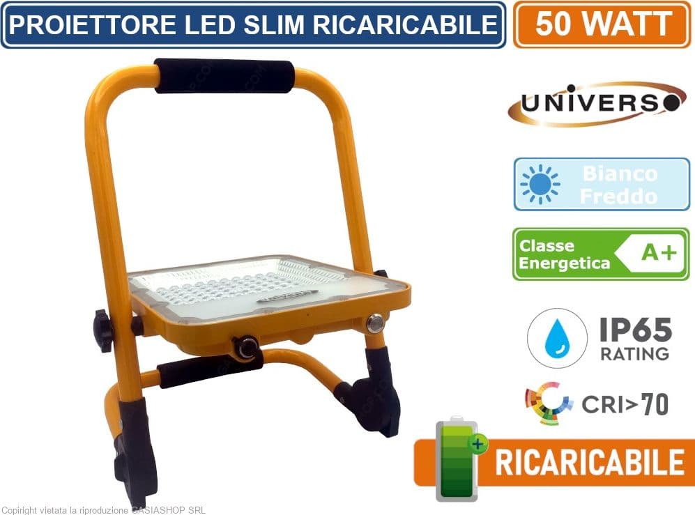 UNIVERSO FARO LED SLIM SMD 50W RICARICABILE E  PORTATILE CON MANIGLIA E STAFFA DA ESTERNO IP65 -6500K - 3