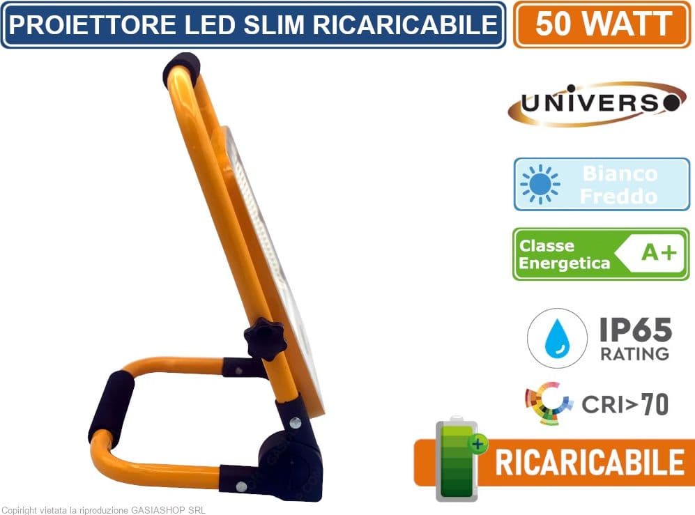 UNIVERSO FARO LED SLIM SMD 50W RICARICABILE E  PORTATILE CON MANIGLIA E STAFFA DA ESTERNO IP65 -6500K - 4