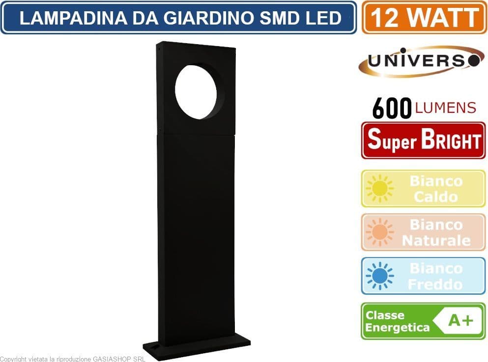 LAMPADA LED DA GIARDINO 12W IN ALLUMINIO NERA CON FISSAGGIO A TERRA IP65 LAMPIONE 500MM 600 LUMEN - 4