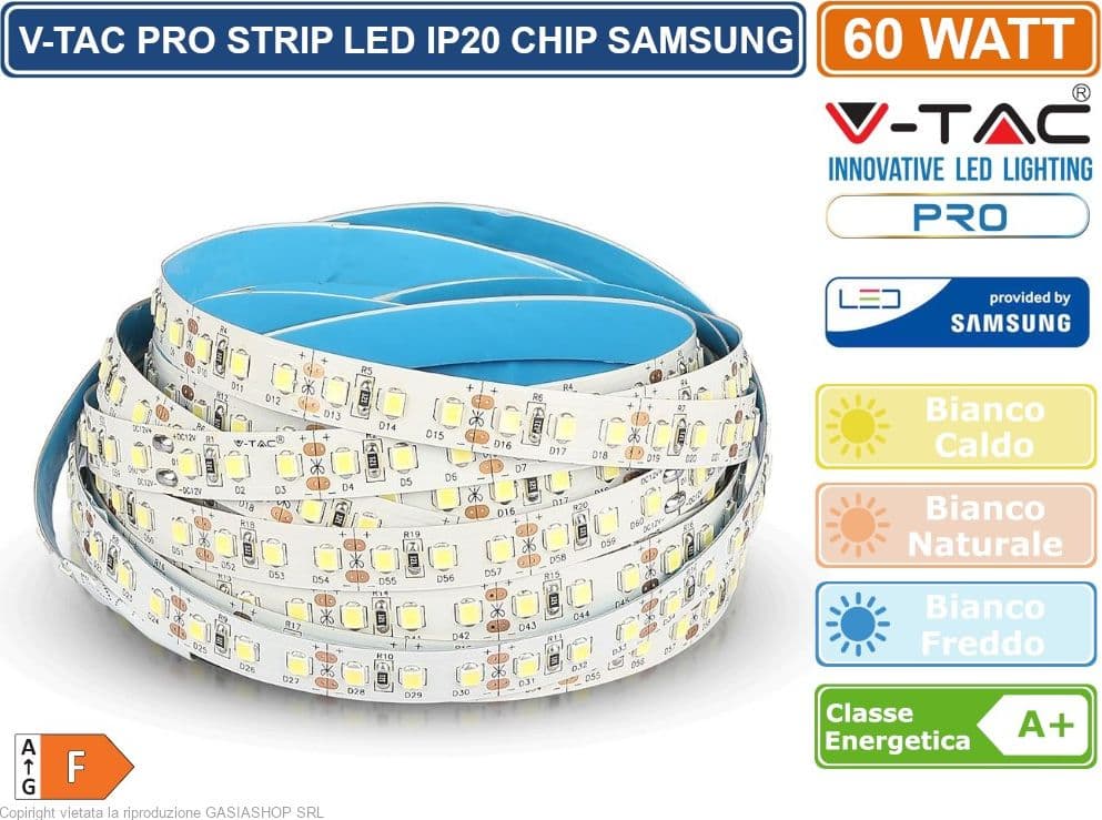 V-TAC PRO VT-5-120 STRISCIA LED 2835 MONOCOLORE 120 LED/METRO CHIP SAMSUNG - BOBINA DA 5 METRI - SKU 323 / 324 / 325 - 2