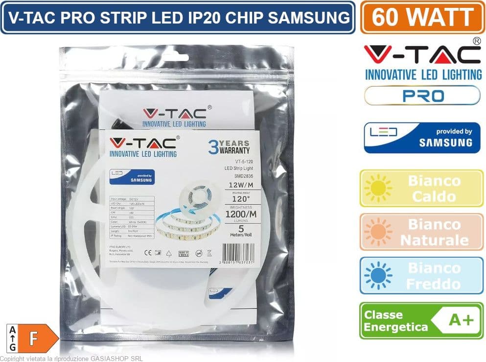 V-TAC PRO VT-5-120 STRISCIA LED 2835 MONOCOLORE 120 LED/METRO CHIP SAMSUNG - BOBINA DA 5 METRI - SKU 323 / 324 / 325 - 5