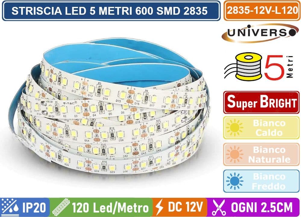 STRIP STRISCIA LED MONOCOLORE 5 METRI SMD 2835 120 LED METRO IP20 DIVISIBILE OGNI 2.5CM - 2