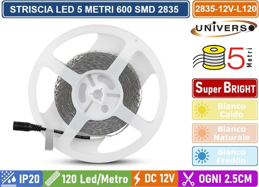 STRIP STRISCIA LED MONOCOLORE 5 METRI SMD 2835 120 LED METRO IP20 DIVISIBILE OGNI 2.5CM - 3