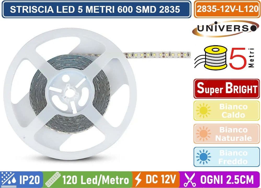STRIP STRISCIA LED MONOCOLORE 5 METRI SMD 2835 120 LED METRO IP20 DIVISIBILE OGNI 2.5CM - 4