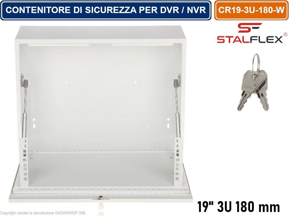 ARMADIO CONTENITORE DI SICUREZZA METALLICO RACK 19" 3U 180MM PENSILE MONTAGGIO A PARETE PER DVR / NVR - 3