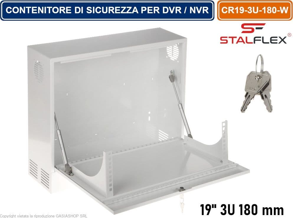 ARMADIO CONTENITORE DI SICUREZZA METALLICO RACK 19" 3U 180MM PENSILE MONTAGGIO A PARETE PER DVR / NVR - 4
