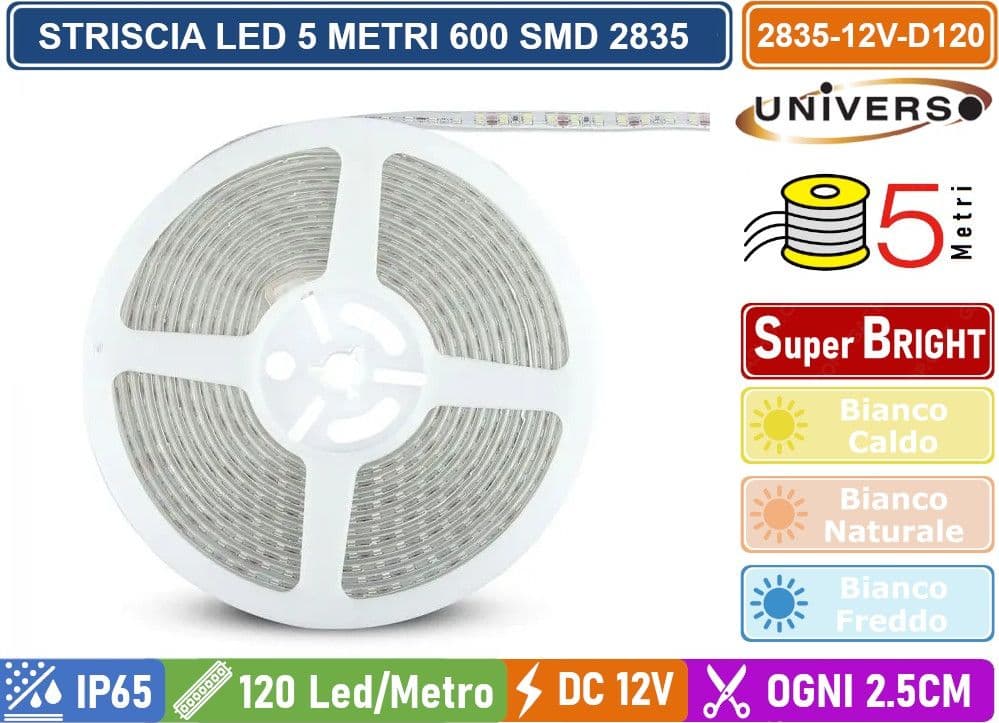 STRIP STRISCIA LED MONOCOLORE 5 METRI SMD 2835 120 LED METRO IP65 DIVISIBILE OGNI 2.5CM - 2