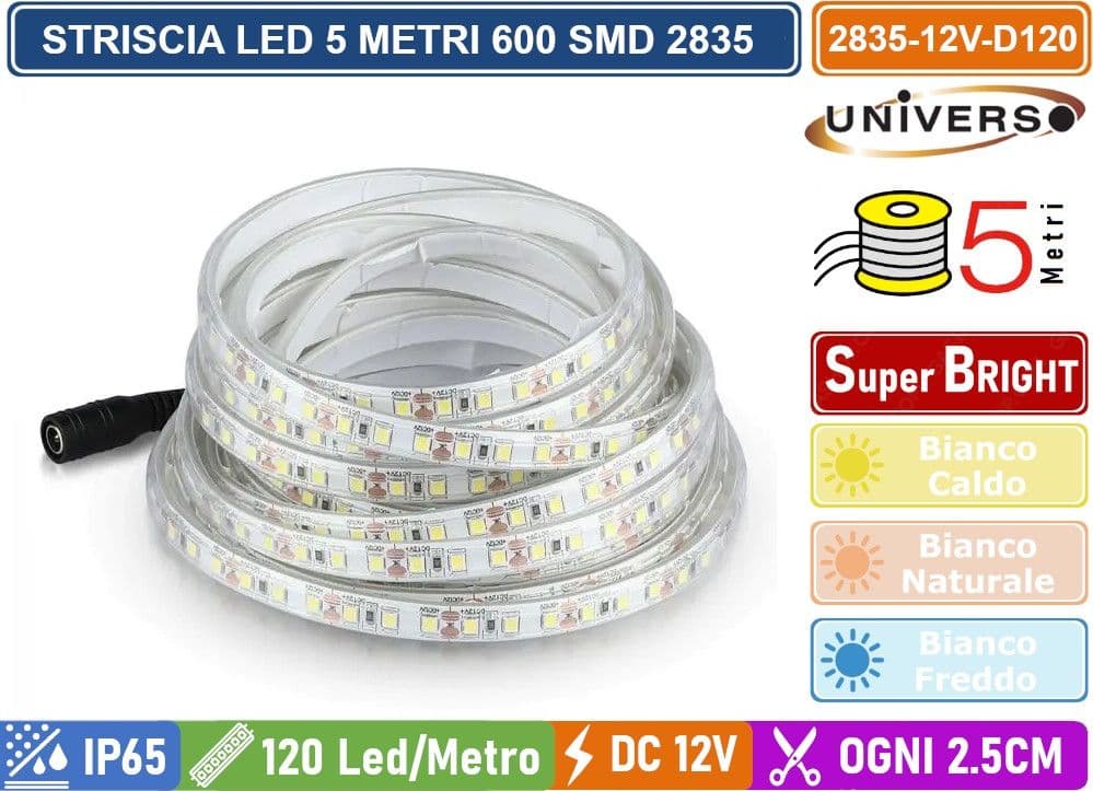 STRIP STRISCIA LED MONOCOLORE 5 METRI SMD 2835 120 LED METRO IP65 DIVISIBILE OGNI 2.5CM - 3