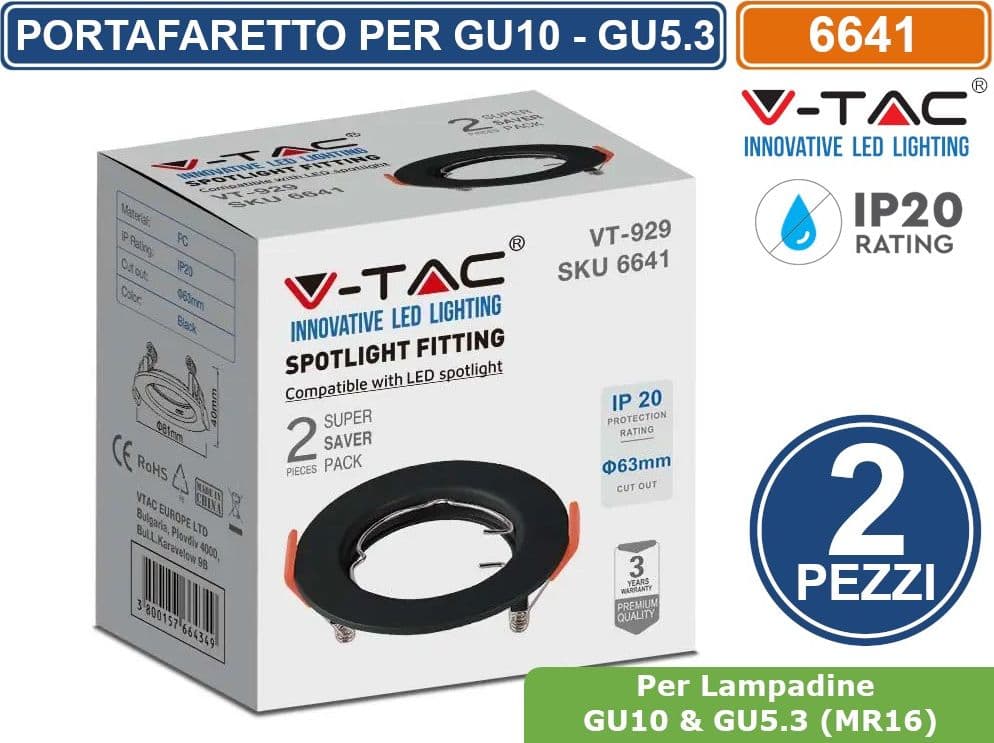 V-TAC VT-929 2 PORTAFARETTI FISSI ROTONDI DA INCASSO NERI PER LAMPADINE GU10 E GU5.3 - SKU 6641 - 2
