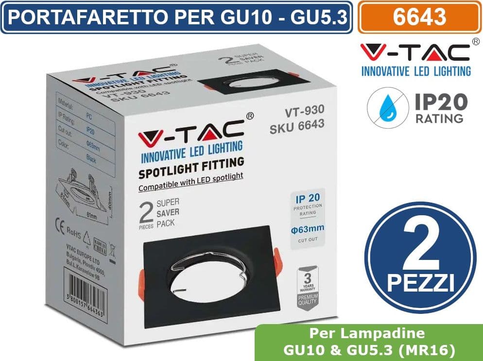 V-TAC VT-930 2 PORTAFARETTI FISSI QUADRATI DA INCASSO NERI PER LAMPADINE GU10 E GU5.3 - SKU 6643 - 2