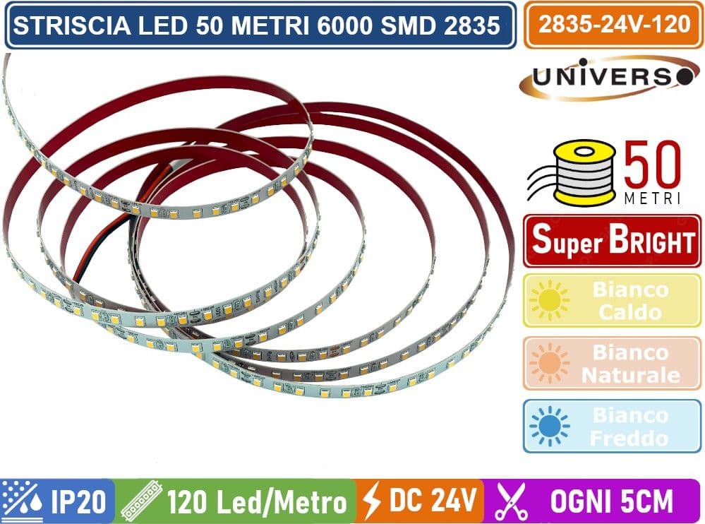 STRISCIA LED SMD 2835 BOBINA DA 50 METRI  12W/M 24V MONOCOLORE 120 LED/METRO 53000 LUMEN IP20 - 2