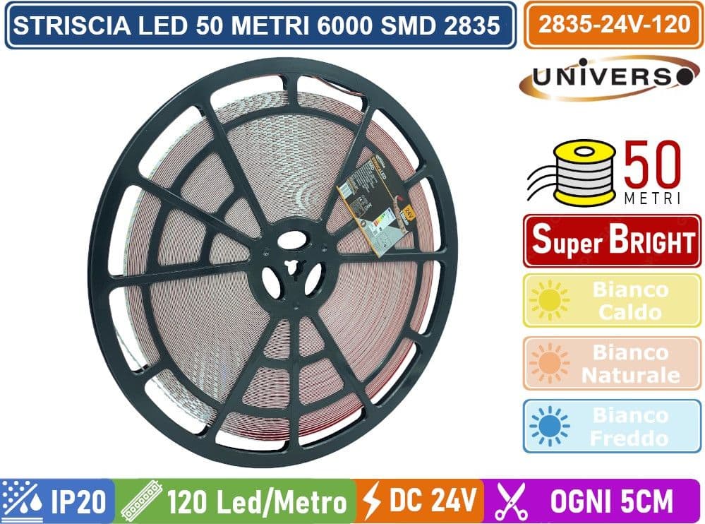 STRISCIA LED SMD 2835 BOBINA DA 50 METRI  12W/M 24V MONOCOLORE 120 LED/METRO 53000 LUMEN IP20 - 3