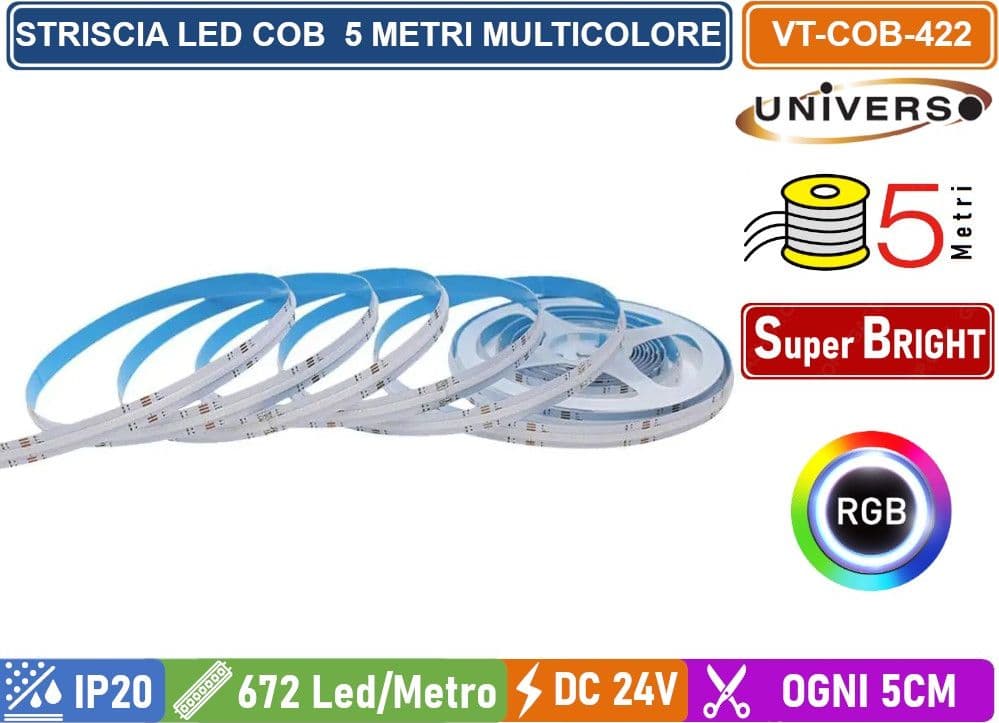 V-TAC VT-COB-422 STRISCIA LED COB MULTICOLRE RGB 13W/M 24V  672 LED METRO - BOBINA DA 5 METRI - SKU 2880 - 2