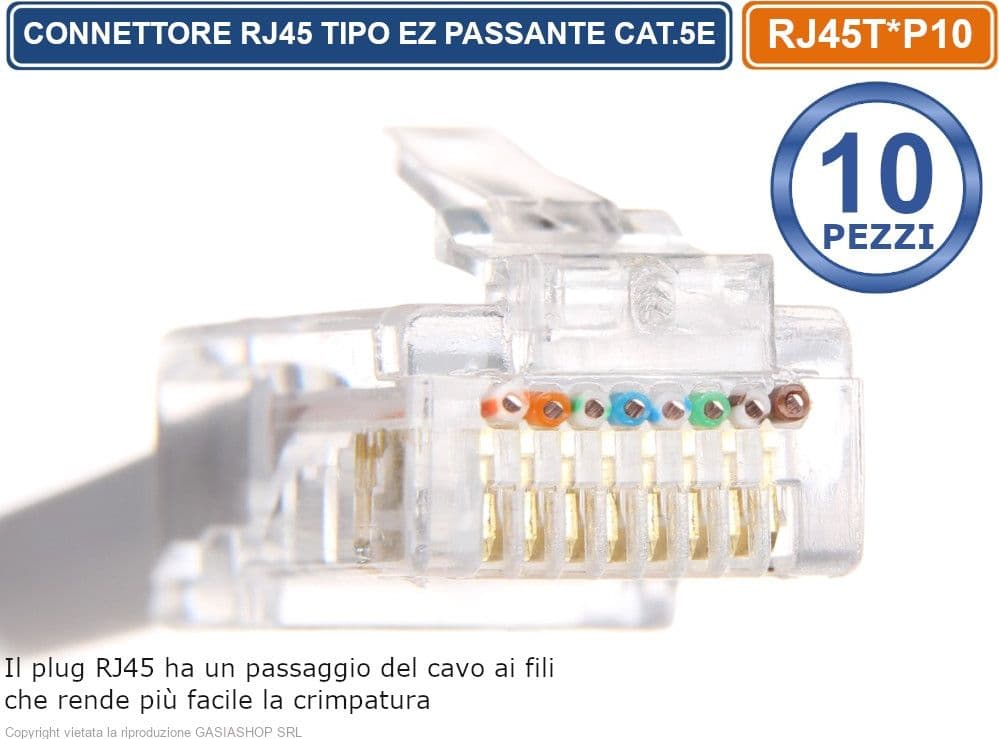 CONFEZIONE MULTIPLA 10 PEZZI PLUG RJ45 TIPO EZ PASSANTE PER CAVO ETHERNET CAT.5E - 2