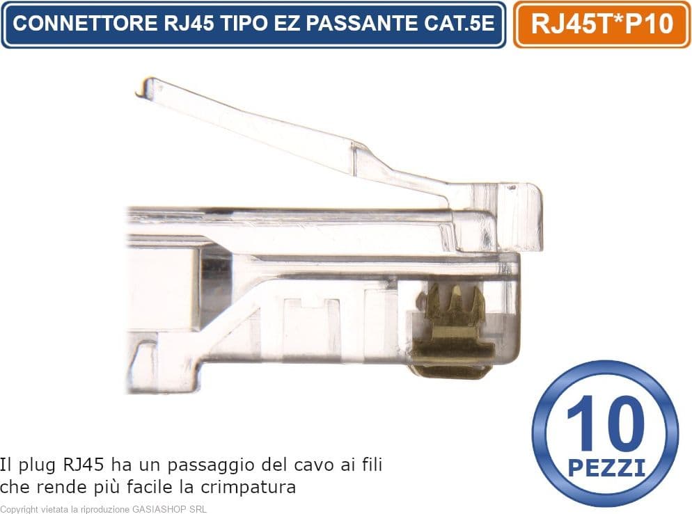 CONFEZIONE MULTIPLA 10 PEZZI PLUG RJ45 TIPO EZ PASSANTE PER CAVO ETHERNET CAT.5E - 3