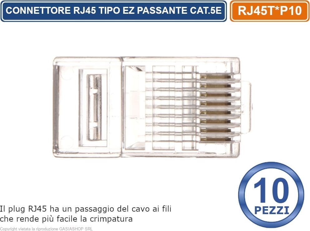 CONFEZIONE MULTIPLA 10 PEZZI PLUG RJ45 TIPO EZ PASSANTE PER CAVO ETHERNET CAT.5E - 4