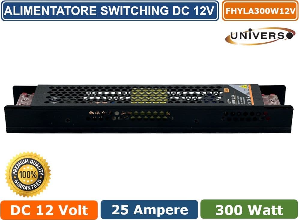 ALIMENTATORE SLIM METALLICO STABILIZZATO SWITCHING TRIMMER 220V 12V 25A 300 WATT COLORE NERO - 2