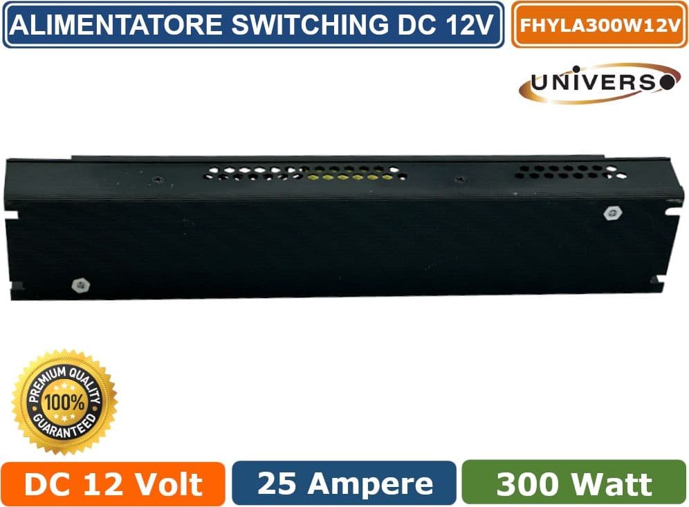 ALIMENTATORE SLIM METALLICO STABILIZZATO SWITCHING TRIMMER 220V 12V 25A 300 WATT COLORE NERO - 3