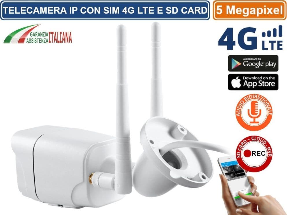 TELECAMERA BULLET IP 4G LTE SIM GSM REFISTRA SU SD CARD 5MP CON AUDIO IP66 - 3