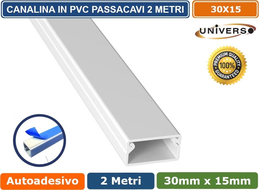 10 PEZZI CANALINA PASSACAVI CON BIADESIVO IN PVC DI COLORE BIANCO LUNGHEZZA 2 METRI 30x15MM