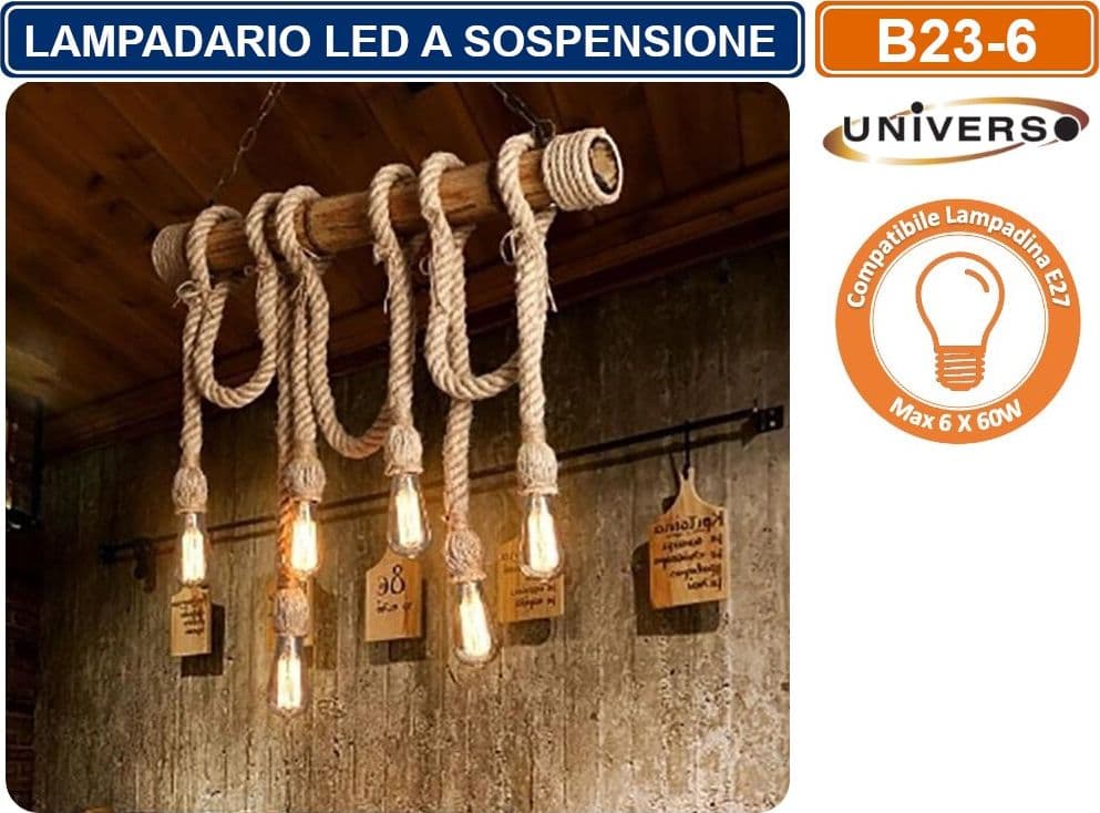 LAMPADARIO A SOSPENSIONE COUNTRY IN CORDA CANAPA BAMBU 6 ATTACCHI E27 360W - 2