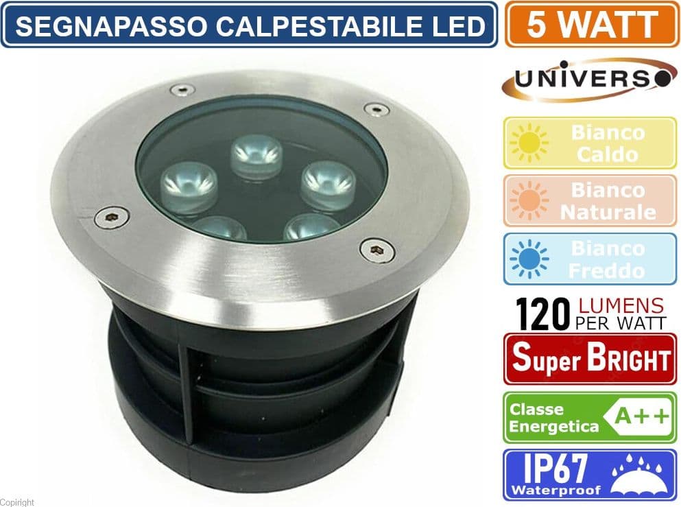 FARETTO SEGNAPASSO CALPESTABILE LED DA INTERRAMENTO 5 WATT SMD POWER LED IP67 - 2
