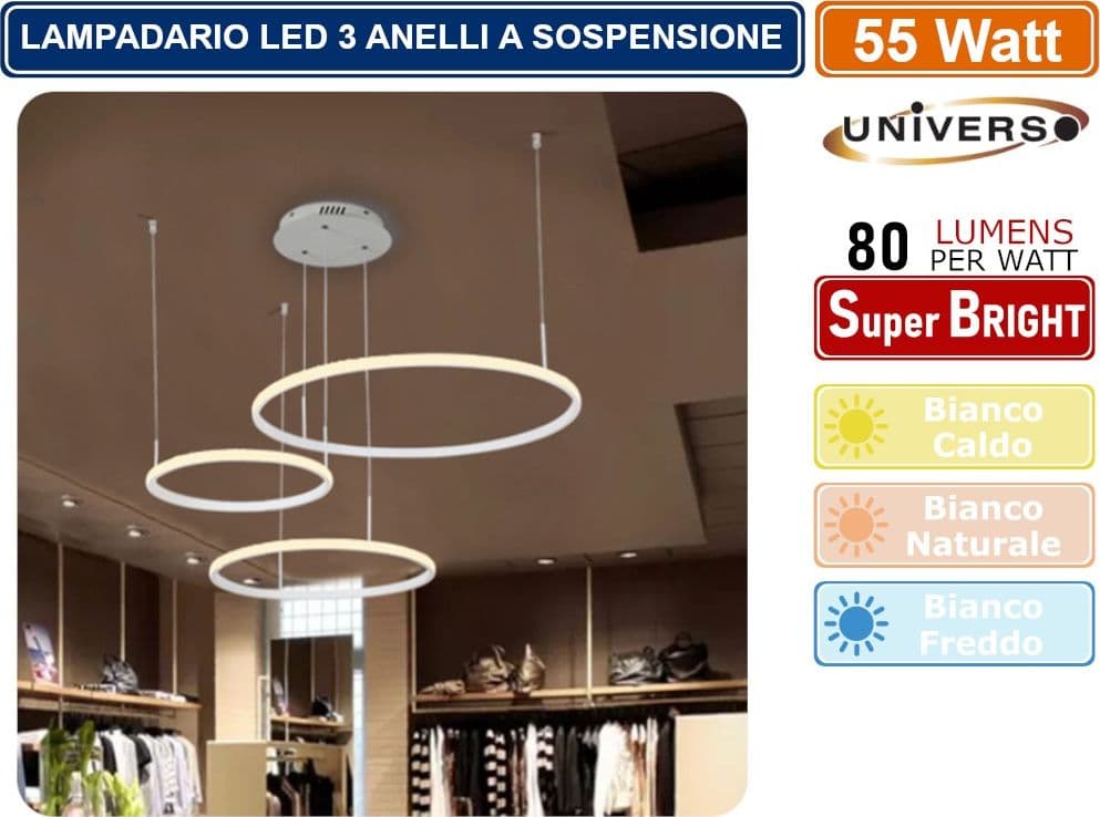 LAMPADARIO LED A SOSPENSIONE MODERNO CON 3 ANELLI ASIMMETRICI CON FINITURABIANCA 55W 3000K - 4000K - 6500K - 2