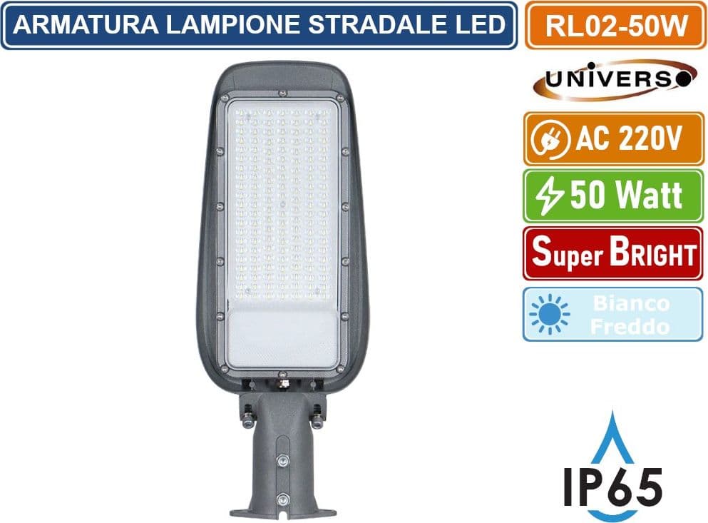 UNIVERSO PROIETTORE FARO ARMATURA STRADALE LED 50W CON SNODO INCORPORATO DA ESTERNO IP65 LUCE BIANCO FREDDO 6500K - 2