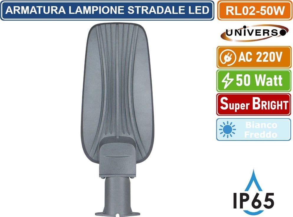 UNIVERSO PROIETTORE FARO ARMATURA STRADALE LED 50W CON SNODO INCORPORATO DA ESTERNO IP65 LUCE BIANCO FREDDO 6500K - 3