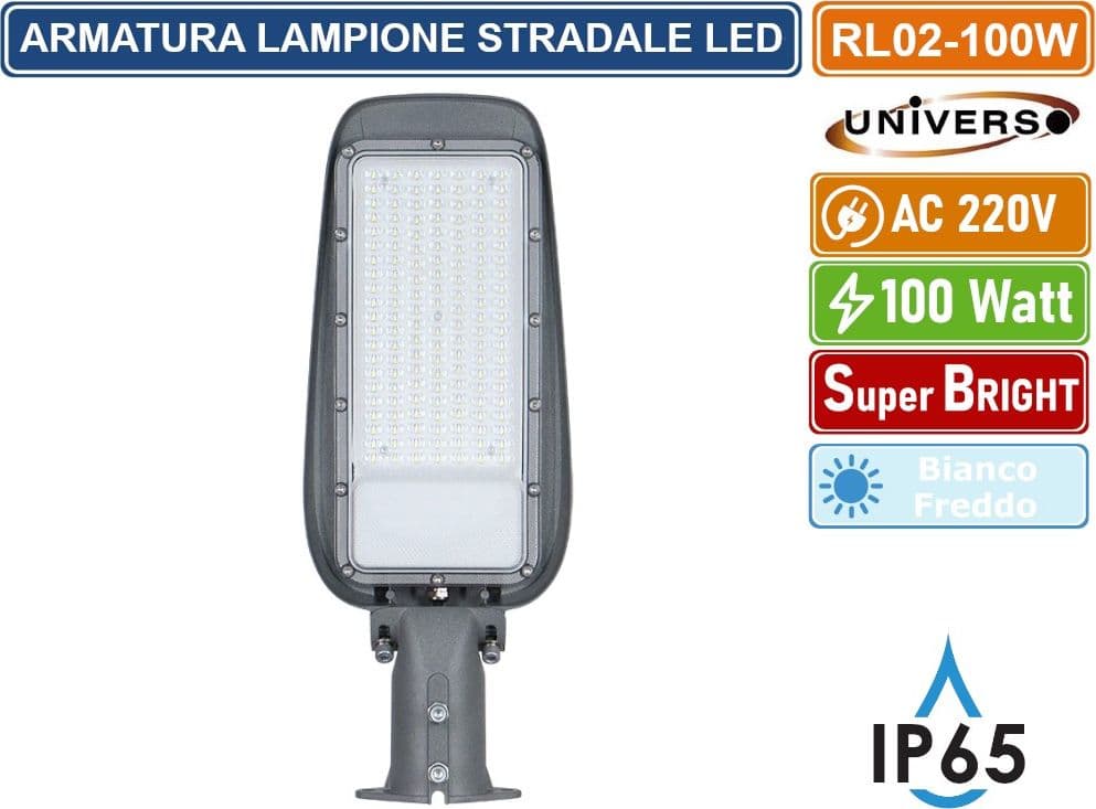 UNIVERSO PROIETTORE FARO ARMATURA STRADALE LED 100W CON SNODO INCORPORATO DA ESTERNO IP65 LUCE BIANCO FREDDO 6500K - 2