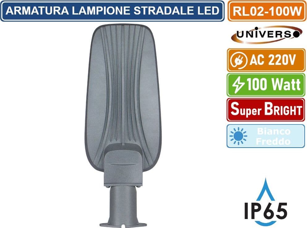 UNIVERSO PROIETTORE FARO ARMATURA STRADALE LED 100W CON SNODO INCORPORATO DA ESTERNO IP65 LUCE BIANCO FREDDO 6500K - 3
