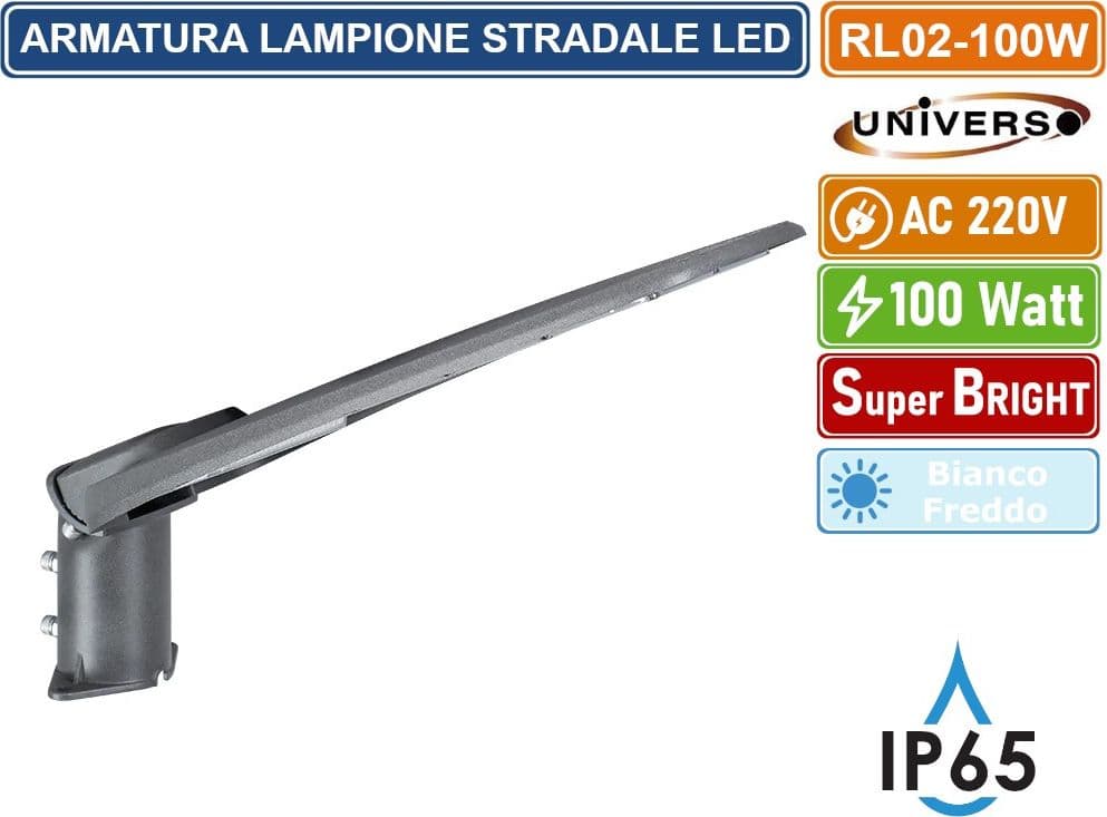 UNIVERSO PROIETTORE FARO ARMATURA STRADALE LED 100W CON SNODO INCORPORATO DA ESTERNO IP65 LUCE BIANCO FREDDO 6500K - 5