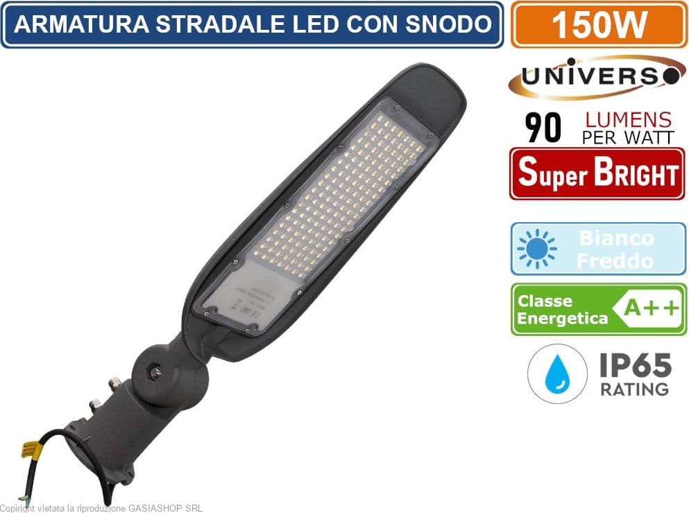 UNIVERSO PROIETTORE FARO ARMATURA STRADALE LED 150W CON SNODO INCORPORATO DA ESTERNO IP65 LUCE BIANCO FREDDO 6500K - 2
