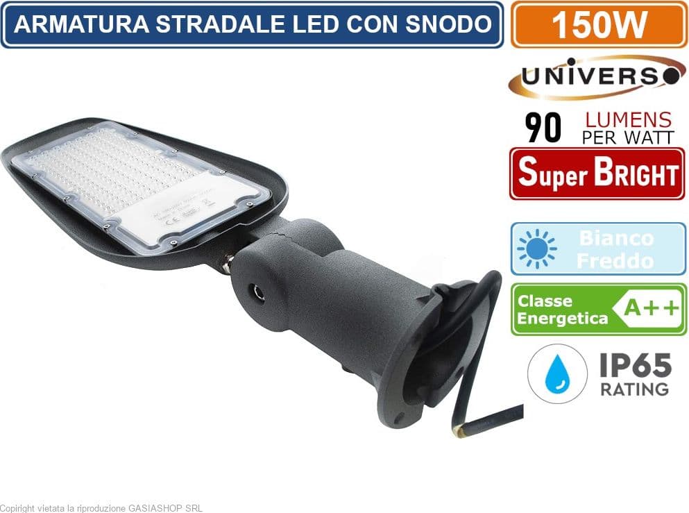 UNIVERSO PROIETTORE FARO ARMATURA STRADALE LED 150W CON SNODO INCORPORATO DA ESTERNO IP65 LUCE BIANCO FREDDO 6500K - 3