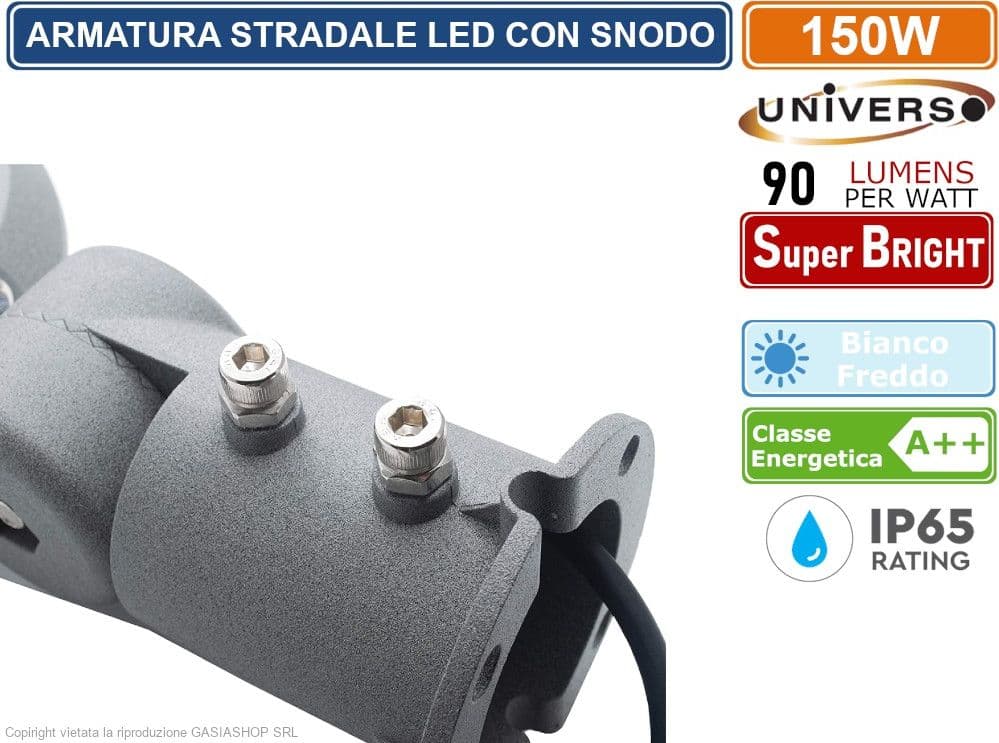 UNIVERSO PROIETTORE FARO ARMATURA STRADALE LED 150W CON SNODO INCORPORATO DA ESTERNO IP65 LUCE BIANCO FREDDO 6500K - 4