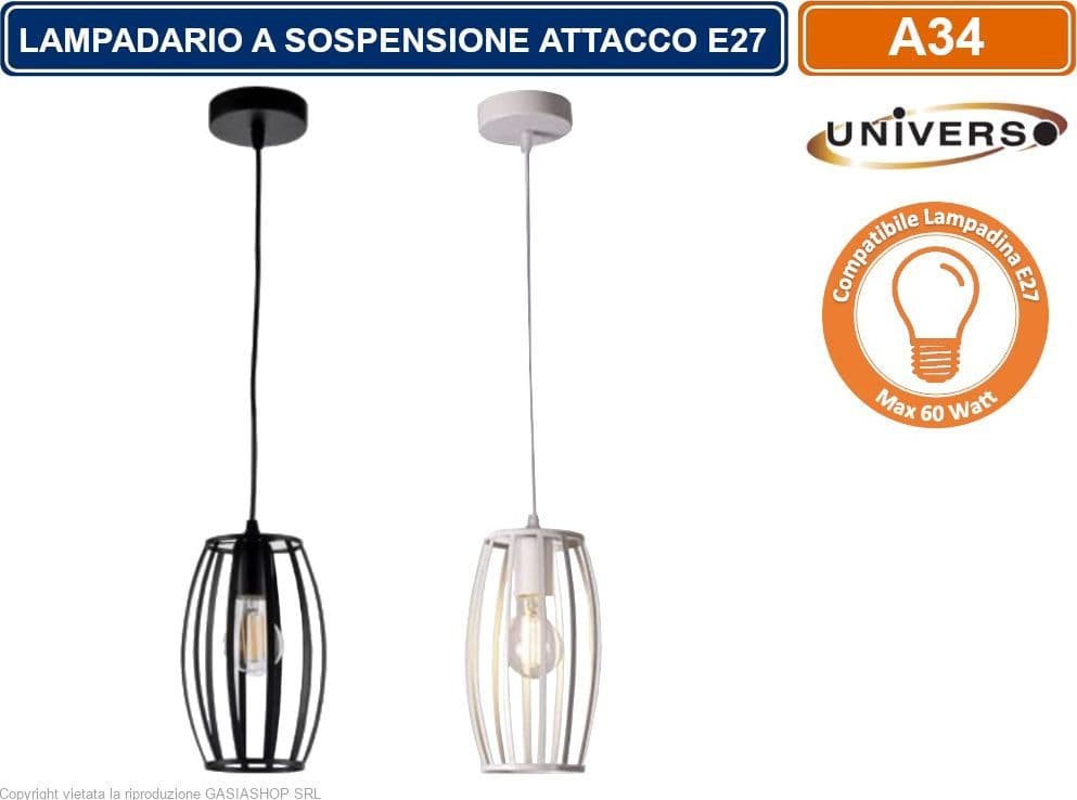 LAMPADARIO MODERNO A SOSPENSIONE CON PARALUME IN METALLO TRAFORATO OVALE ATTACCO E27 BIANCO NERO - 4