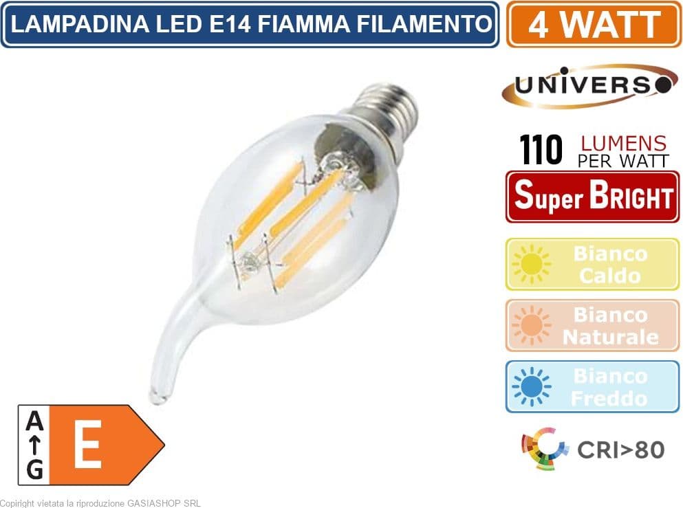 UNIVERSO C35A-T LAMPADINA LED FILAMENTO E14 4W CANDELA A FIAMMA - 3000K 4000K 6500K - 2