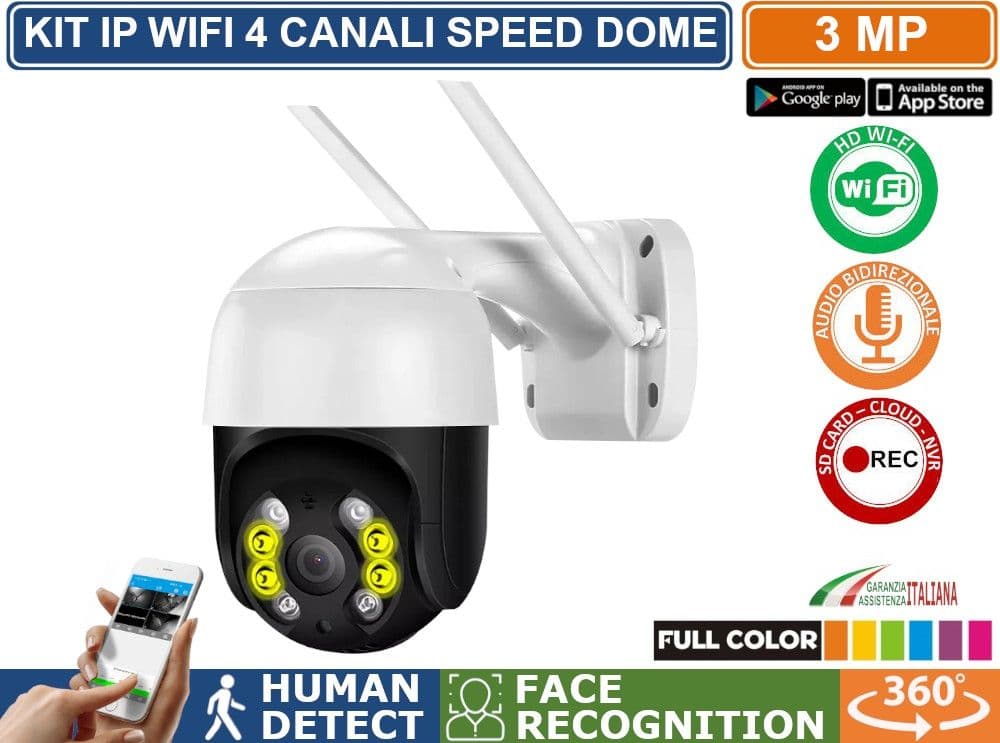 KIT VIDEOSORVEGLIANZA IP WIFI 4 CANALI 4 SPEED DOME MOTORIZZATE  3 MEGAPIXEL RICONOSCIMENTO UMANO E DEL VOLTO AUDIO P2P - 2