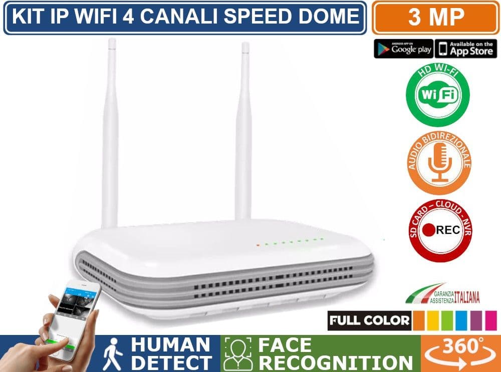 KIT VIDEOSORVEGLIANZA IP WIFI 4 CANALI 4 SPEED DOME MOTORIZZATE  3 MEGAPIXEL RICONOSCIMENTO UMANO E DEL VOLTO AUDIO P2P - 3