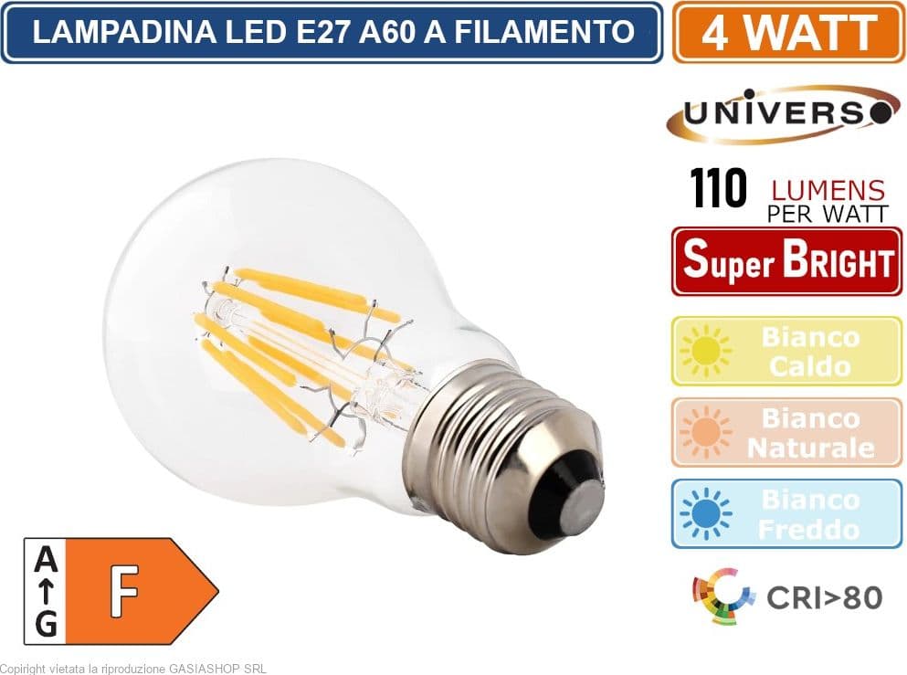 CONFEZIONE 15 PEZZI UNIVERSO LAMPADINA LED E27 4W BULB A60 FILAMENTO 360° 4400 LUMEN 2700K 4000K 6500K - 2