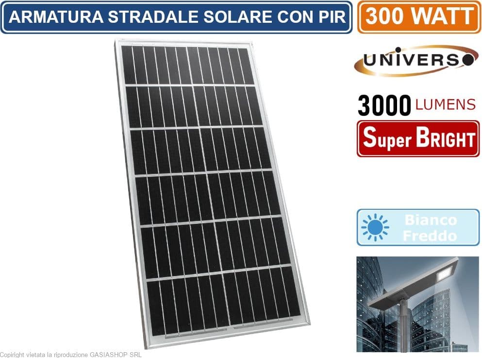UNIVERSO LAMPIONE ARMATURA STRADALE 300W CON PANNELLO SOLARE E CREPUSCOALRE 3000LM DA ESTERNO IP65 LUCE BIANCO FREDDO 6500K - 2