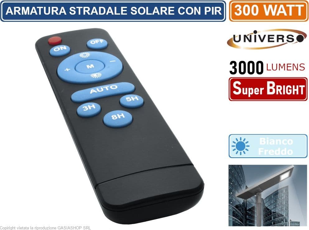 UNIVERSO LAMPIONE ARMATURA STRADALE 300W CON PANNELLO SOLARE E CREPUSCOALRE 3000LM DA ESTERNO IP65 LUCE BIANCO FREDDO 6500K - 3