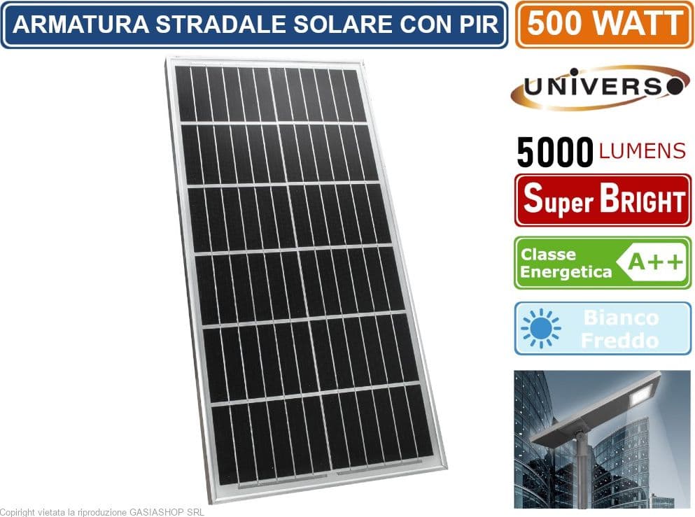 UNIVERSO LAMPIONE ARMATURA STRADALE 500W CON PANNELLO SOLARE E CREPUSCOALRE 5000LM DA ESTERNO IP65 LUCE BIANCO FREDDO 6500K - 2