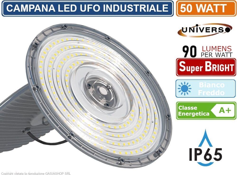 CAMPANA LED UFO LAMPADA INDUSTRIALE A SOSPENSIONE ULTRA SLIM 50W DA ESTERNO LED DRIVER INCORPORATO IP65 4500 LUMEN - 6