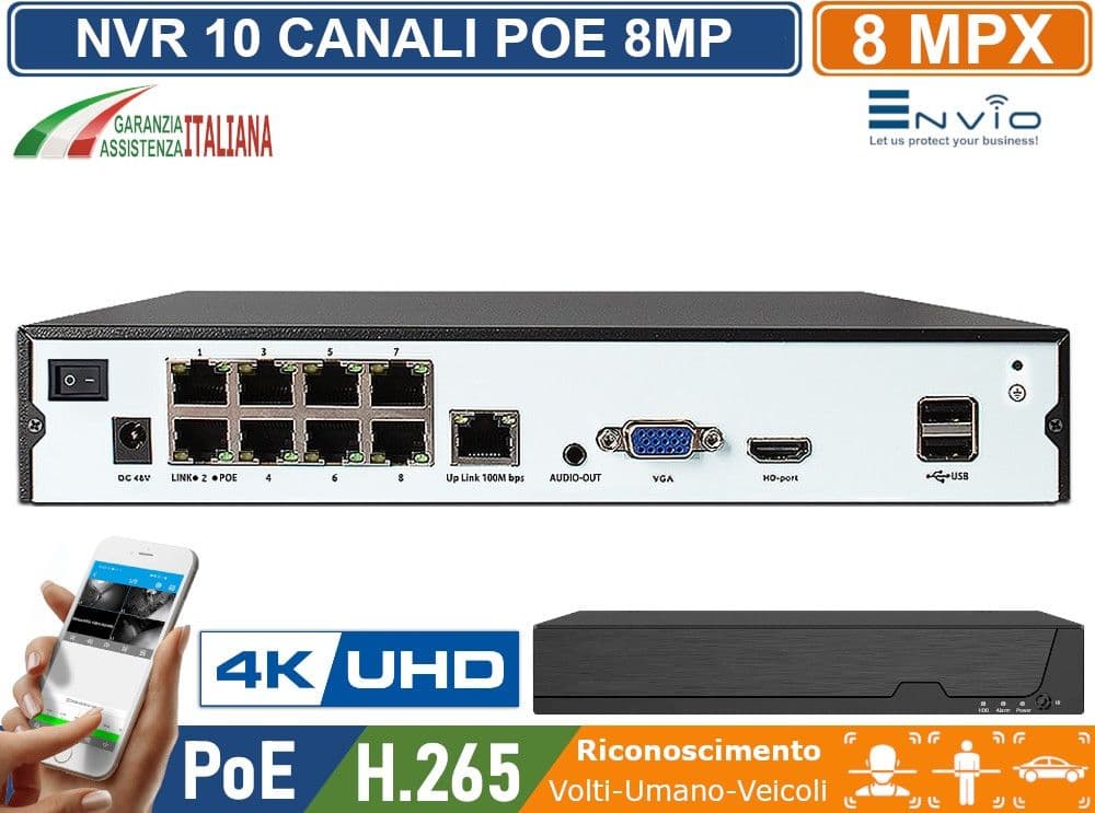NVR 10 CANALI 8 CANALI POE + 2 IP 8 MEGAPIXEL 4K ULTRA HD ONVIF LINUX SYSTEM P2P CLOUD VIDEOSORVEGLIANZA CON VIDEOANALISI CON RICONOSCIMENTO VOLTI UMANO VEICOLI - 3