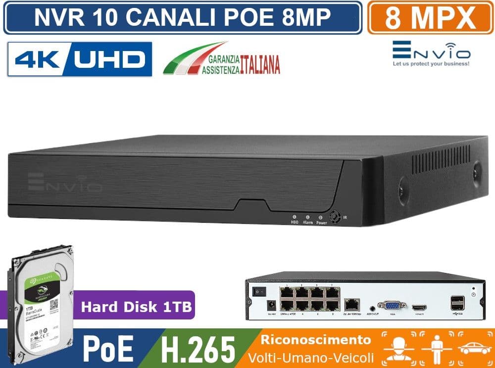 NVR 10 CANALI 8 CANALI POE + 2 IP 8 MEGAPIXEL 4K ULTRA HD ONVIF LINUX SYSTEM P2P CLOUD VIDEOSORVEGLIANZA CON VIDEOANALISI CON RICONOSCIMENTO VOLTI UMANO VEICOLI - 4